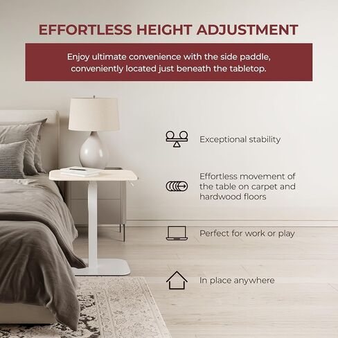 ERGOHOME ™ ELEVANCE TABLE ™ طاولة جانبية قابلة لضبط الارتفاع للأريكة أو السرير وطاولة الكمبيوتر المحمول - طاولة قهوة صغيرة للمكتب - طاولة جانبية للأريكة على شكل حرف C مع وظائف متعددة (قاعدة بيضاء وسطح من خشب البلوط المغسول) in Kuwait