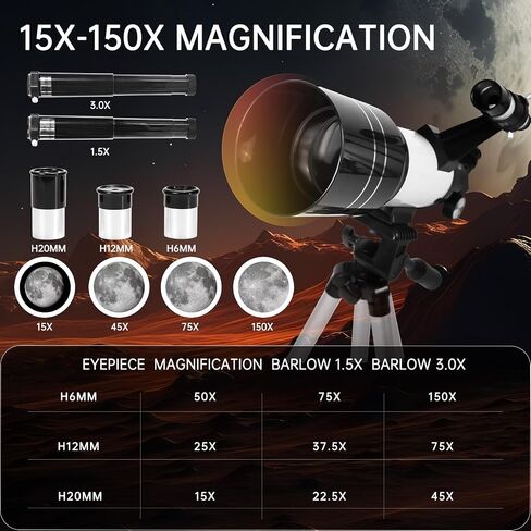 Telescope for Kids & Adults, 70mm Aperture 300mm Telescopes for Astronomy Beginners, 15X-150X Magnification Portable Refractor Telescope with Adjustable Tripod, Phone Adapter, White in Saudi Arabia