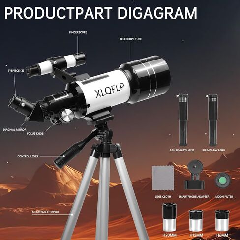 Telescope for Kids & Adults, 70mm Aperture 300mm Telescopes for Astronomy Beginners, 15X-150X Magnification Portable Refractor Telescope with Adjustable Tripod, Phone Adapter, White in Saudi Arabia
