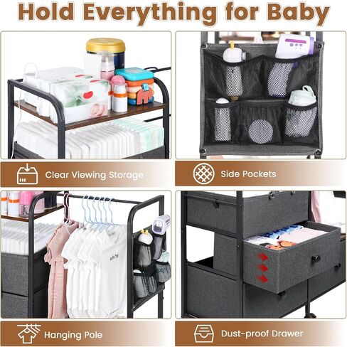 Orzbow Baby Caddy Cart Organizer، عربة تخزين دوارة للأطفال مكونة من 4 طبقات مع درج، سهلة التجميع، مساحة تخزين لغرف الأطفال قابلة للفصل مع عجلات لغرفة النوم، طاولة تغيير وسرير أطفال، رمادي in Saudi Arabia