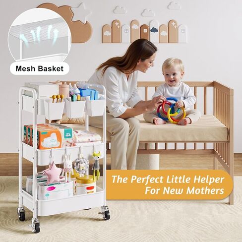 منظم عربة الحفاضات بعجلات، عربة بجانب السرير مكونة من 3 طبقات لأساسيات الطفل، ومنظمات الأطفال وعربات تخزين الحفاضات لتغيير الطاولة، وسرير الأطفال، وغرفة النوم، ومستلزمات حضانة الأطفال حديثي الولادة، باللون الأبيض in Kuwait