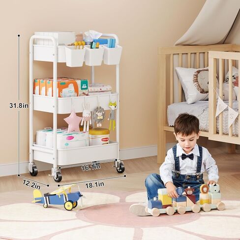 منظم عربة الحفاضات بعجلات، عربة بجانب السرير مكونة من 3 طبقات لأساسيات الطفل، ومنظمات الأطفال وعربات تخزين الحفاضات لتغيير الطاولة، وسرير الأطفال، وغرفة النوم، ومستلزمات حضانة الأطفال حديثي الولادة، باللون الأبيض in Kuwait