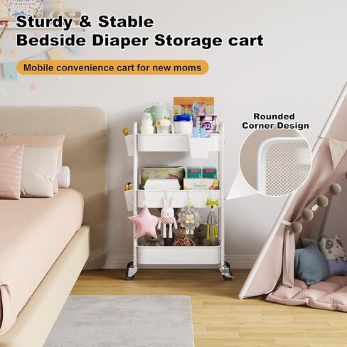 منظم عربة الحفاضات بعجلات، عربة بجانب السرير مكونة من 3 طبقات لأساسيات الطفل، ومنظمات الأطفال وعربات تخزين الحفاضات لتغيير الطاولة، وسرير الأطفال، وغرفة النوم، ومستلزمات حضانة الأطفال حديثي الولادة، باللون الأبيض in Kuwait