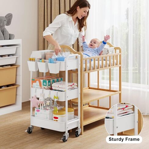 منظم عربة الحفاضات بعجلات، عربة بجانب السرير مكونة من 3 طبقات لأساسيات الطفل، ومنظمات الأطفال وعربات تخزين الحفاضات لتغيير الطاولة، وسرير الأطفال، وغرفة النوم، ومستلزمات حضانة الأطفال حديثي الولادة، باللون الأبيض in Kuwait