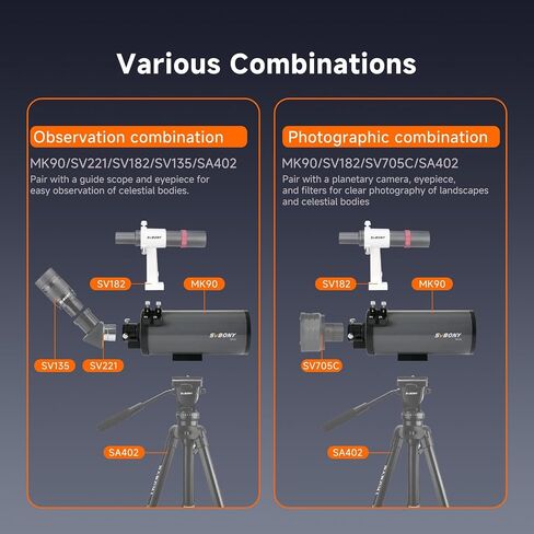 MK90 Telescope for Adults Astronomy 90mm Aperture Compact Catadioptric Telescope Bundle with SV188P Dielectric Mirror Diagonal and 20mm Wide Angle Telescope Eyepiece, for Moon Planetary Observation in Saudi Arabia