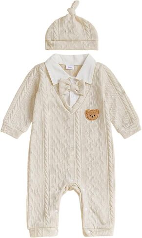 Newborn Infant Baby Boy Outfits Suit Bowtie Bear Embroidery Dress Romper Jumpsuit Gentleman Wedding Clothes Formal in Saudi Arabia