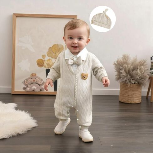 Newborn Infant Baby Boy Outfits Suit Bowtie Bear Embroidery Dress Romper Jumpsuit Gentleman Wedding Clothes Formal in Saudi Arabia