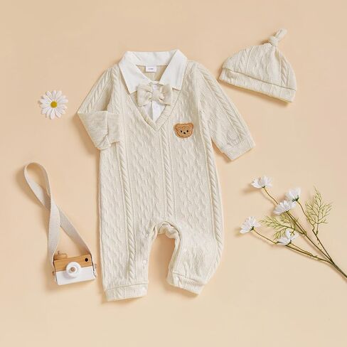 Newborn Infant Baby Boy Outfits Suit Bowtie Bear Embroidery Dress Romper Jumpsuit Gentleman Wedding Clothes Formal in Saudi Arabia