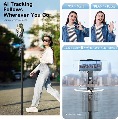 Auto-Face Tracking 4-Leg Stand, Selfie Stick with Detachable Phone Stand, Smooth Motion Shots, 360°Rotation & 63’’ Extendable, Remote Control & Universal 1/4" Screw for TikTok Vlog Video Recording in Saudi Arabia