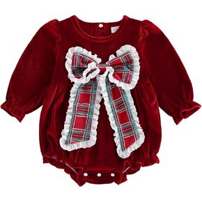 Baby Girl Christmas Outfit Velvet Bow Smocked Bubble Romper Ruffle Onesie Bodysuit Infant Fall Winter Clothes in Saudi Arabia