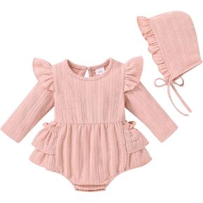 YOUNGER TREE Baby Girl Clothes Long Sleeve Ruffle Romper Infant Fall Winter Outfits with Hat Cute Jumpsuit Bodysuit in Saudi Arabia