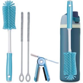 مجموعة فرش تنظيف السيليكون - فرشاة زجاجة مياه بمقبض طويل وفرشاة تنظيف شديدة التحمل، مجموعة تنظيف أكواب متعددة الأغراض 4 في 1 للترمس والزجاجات الرياضية وأكواب القهوة in Kuwait
