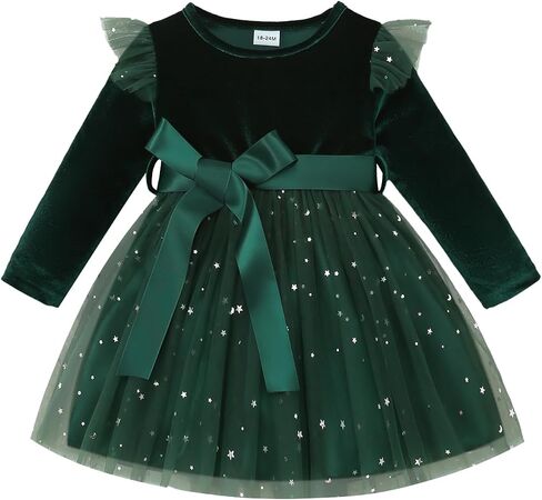 Noubeau Toddler Christmas Dress Baby Girls Ruffle Long Sleeve Tulle Velvet Dresses for Party Holiday Winter Outfits in Saudi Arabia
