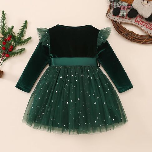 Noubeau Toddler Christmas Dress Baby Girls Ruffle Long Sleeve Tulle Velvet Dresses for Party Holiday Winter Outfits in Saudi Arabia