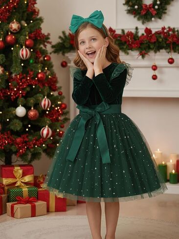 Noubeau Toddler Christmas Dress Baby Girls Ruffle Long Sleeve Tulle Velvet Dresses for Party Holiday Winter Outfits in Saudi Arabia