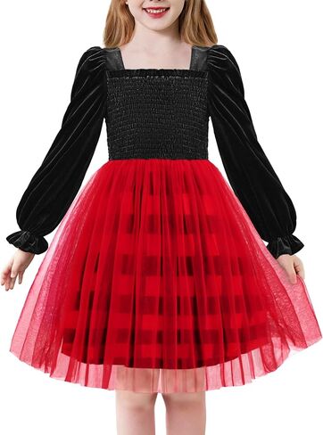 Arshiner Toddler Velvet Tutu Dress Tulle Puff Long Sleeve Square Neck Smocked Fall Winter Formal Party Birthday Dresses in Saudi Arabia