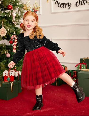 Arshiner Toddler Velvet Tutu Dress Tulle Puff Long Sleeve Square Neck Smocked Fall Winter Formal Party Birthday Dresses in Saudi Arabia