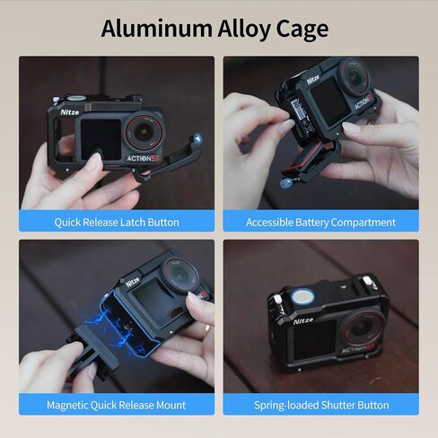 مجموعة قفص Nitze Street Snap Cage لـ DJI Osmo Action 5 Pro/Action 4 / Action 3، مجموعة قبضة Xplorer من الألومنيوم مع مقبض جانبي مريح، وحزام معصم وزر مصراع الحذاء البارد - T-D04B in Saudi Arabia