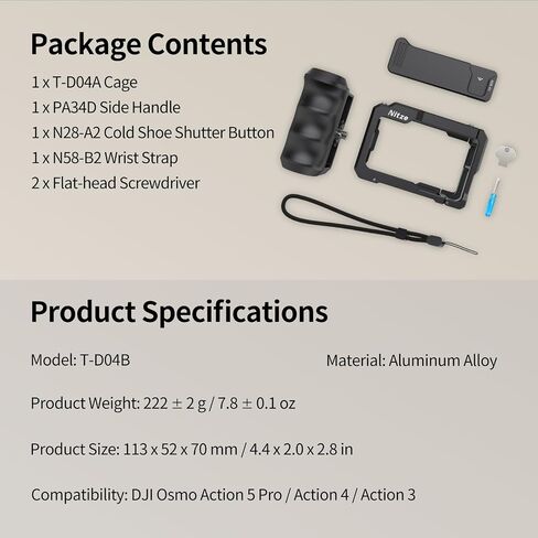 مجموعة قفص Nitze Street Snap Cage لـ DJI Osmo Action 5 Pro/Action 4 / Action 3، مجموعة قبضة Xplorer من الألومنيوم مع مقبض جانبي مريح، وحزام معصم وزر مصراع الحذاء البارد - T-D04B in Saudi Arabia