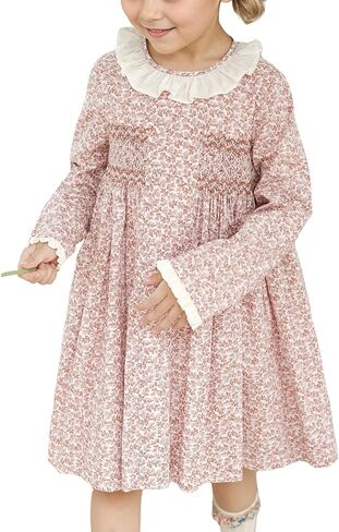 Twoflower Kids Baby Girls Casual Floral Print Dress | Toddler Smocking Long Sleeve Dresses with Ruffle Collar for Holiday in Saudi Arabia