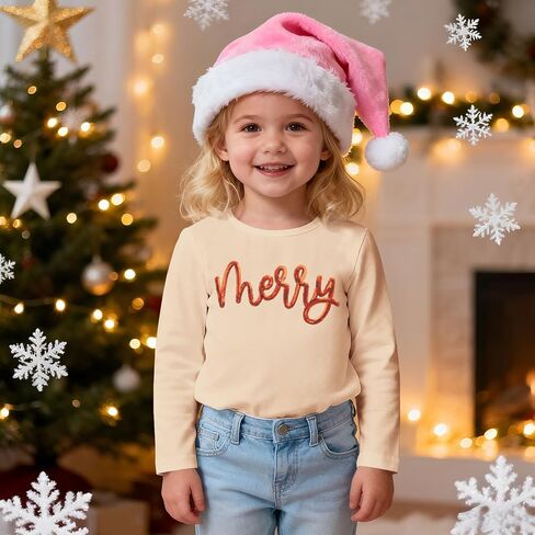 Toddler Baby Girls Christmas Shirts Embroidery Glitter Merry Tees Long Sleeve T-Shirt Xmas Tops Holidays Clothes in Saudi Arabia