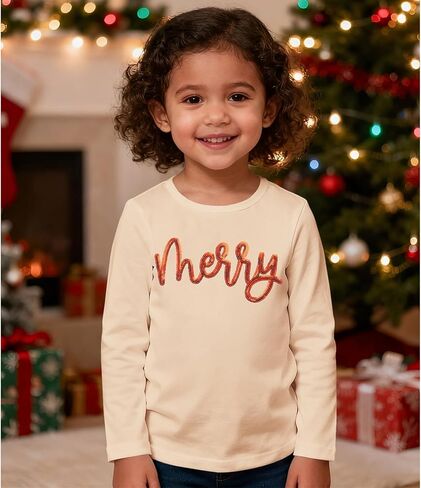 Toddler Baby Girls Christmas Shirts Embroidery Glitter Merry Tees Long Sleeve T-Shirt Xmas Tops Holidays Clothes in Saudi Arabia