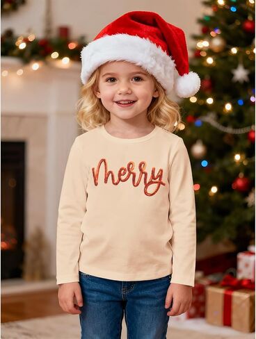 Toddler Baby Girls Christmas Shirts Embroidery Glitter Merry Tees Long Sleeve T-Shirt Xmas Tops Holidays Clothes in Saudi Arabia