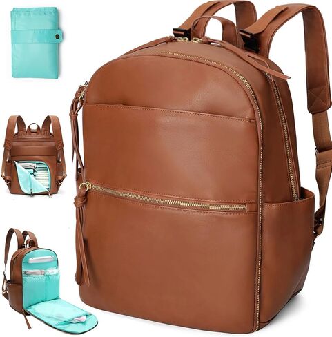 MOMINSIDE Diaper Bag Backpack with 6 Insulated Pockets, Leather Diaper Bag, Large Baby Bag for Mom, Baby Registry, 18 Pockets, Changing Pad, Stroller Straps (Brown) in Saudi Arabia