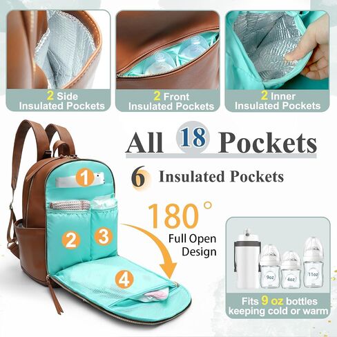 MOMINSIDE Diaper Bag Backpack with 6 Insulated Pockets, Leather Diaper Bag, Large Baby Bag for Mom, Baby Registry, 18 Pockets, Changing Pad, Stroller Straps (Brown) in Saudi Arabia