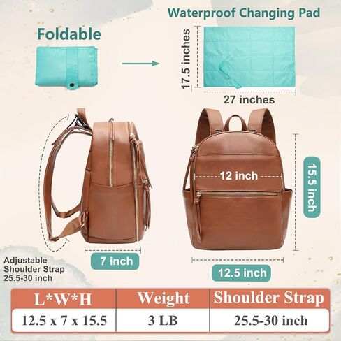 MOMINSIDE Diaper Bag Backpack with 6 Insulated Pockets, Leather Diaper Bag, Large Baby Bag for Mom, Baby Registry, 18 Pockets, Changing Pad, Stroller Straps (Brown) in Saudi Arabia