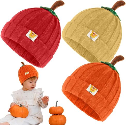 3 Pcs Pumpkin Hat for Toddler Baby Infant Kids Halloween Knitted Beanie Winter Thick Orange Hat for Boys Girls in Saudi Arabia