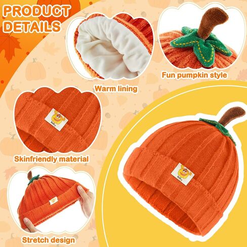 3 Pcs Pumpkin Hat for Toddler Baby Infant Kids Halloween Knitted Beanie Winter Thick Orange Hat for Boys Girls in Saudi Arabia