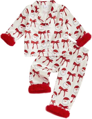 FULA-bao Baby Girls Boys Silk Christmas Pajamas Set Santa Claus Bows Satin Pj Sets Long Sleeve Button Up Shirts and Pants in Saudi Arabia