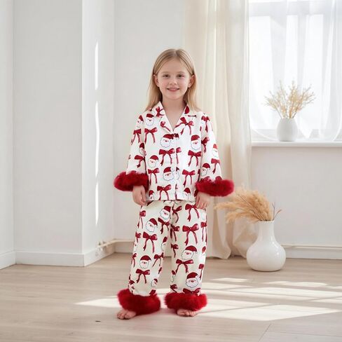 FULA-bao Baby Girls Boys Silk Christmas Pajamas Set Santa Claus Bows Satin Pj Sets Long Sleeve Button Up Shirts and Pants in Saudi Arabia