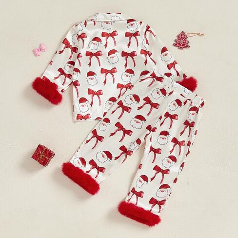 FULA-bao Baby Girls Boys Silk Christmas Pajamas Set Santa Claus Bows Satin Pj Sets Long Sleeve Button Up Shirts and Pants in Saudi Arabia