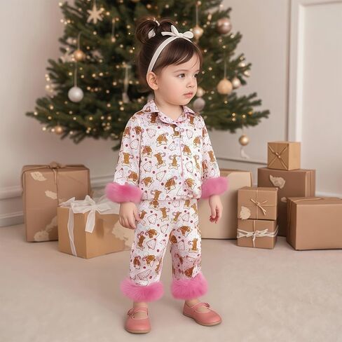 FULA-bao Baby Girls Boys Silk Christmas Pajamas Set Santa Claus Bows Satin Pj Sets Long Sleeve Button Up Shirts and Pants in Saudi Arabia