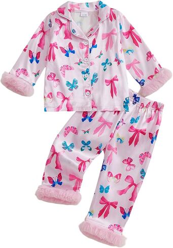 fyclemt Toddler Girl Silk Pajamas Set Floral Pumpkin Fuzzy Trim Long Sleeve Button Shirt Pants Halloween Pjs Lounge Sleepwear in Kuwait