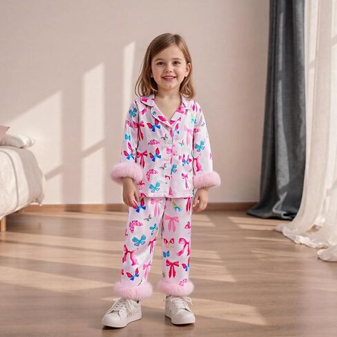 fyclemt Toddler Girl Silk Pajamas Set Floral Pumpkin Fuzzy Trim Long Sleeve Button Shirt Pants Halloween Pjs Lounge Sleepwear in Kuwait