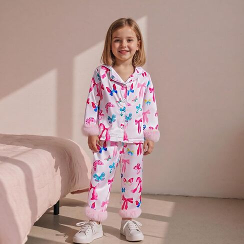 fyclemt Toddler Girl Silk Pajamas Set Floral Pumpkin Fuzzy Trim Long Sleeve Button Shirt Pants Halloween Pjs Lounge Sleepwear in Kuwait