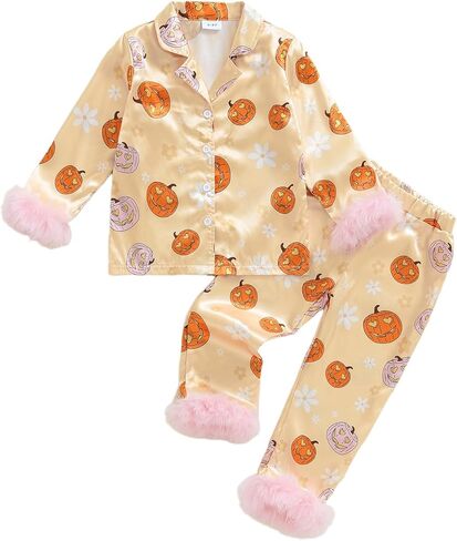 fyclemt Toddler Girl Silk Pajamas Set Floral Pumpkin Fuzzy Trim Long Sleeve Button Shirt Pants Halloween Pjs Lounge Sleepwear in Kuwait