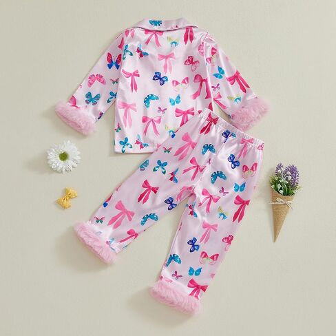 fyclemt Toddler Girl Silk Pajamas Set Floral Pumpkin Fuzzy Trim Long Sleeve Button Shirt Pants Halloween Pjs Lounge Sleepwear in Kuwait
