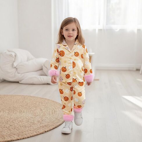 fyclemt Toddler Girl Silk Pajamas Set Floral Pumpkin Fuzzy Trim Long Sleeve Button Shirt Pants Halloween Pjs Lounge Sleepwear in Kuwait