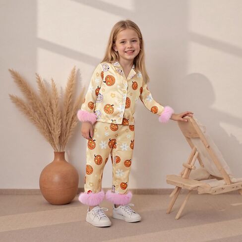 fyclemt Toddler Girl Silk Pajamas Set Floral Pumpkin Fuzzy Trim Long Sleeve Button Shirt Pants Halloween Pjs Lounge Sleepwear in Kuwait