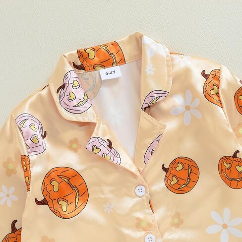 fyclemt Toddler Girl Silk Pajamas Set Floral Pumpkin Fuzzy Trim Long Sleeve Button Shirt Pants Halloween Pjs Lounge Sleepwear in Kuwait