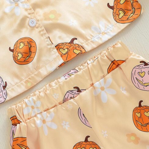 fyclemt Toddler Girl Silk Pajamas Set Floral Pumpkin Fuzzy Trim Long Sleeve Button Shirt Pants Halloween Pjs Lounge Sleepwear in Kuwait