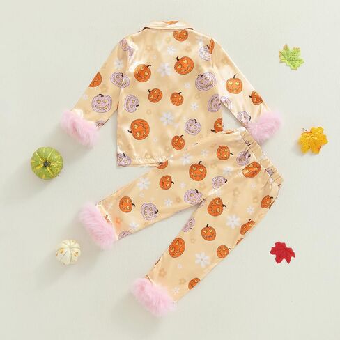 fyclemt Toddler Girl Silk Pajamas Set Floral Pumpkin Fuzzy Trim Long Sleeve Button Shirt Pants Halloween Pjs Lounge Sleepwear in Kuwait