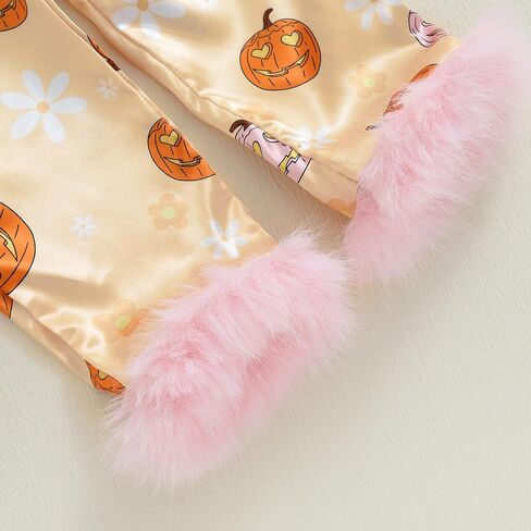 fyclemt Toddler Girl Silk Pajamas Set Floral Pumpkin Fuzzy Trim Long Sleeve Button Shirt Pants Halloween Pjs Lounge Sleepwear in Kuwait