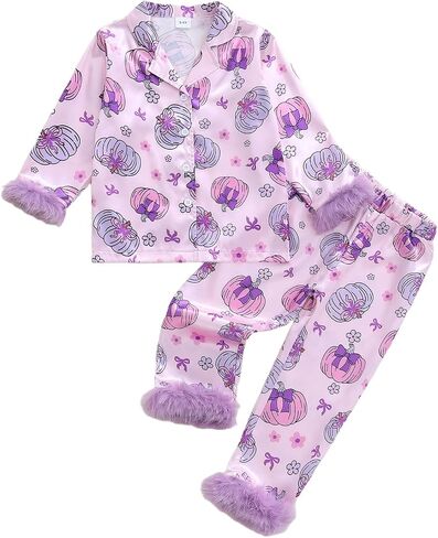 fyclemt Toddler Girl Silk Pajamas Set Floral Pumpkin Fuzzy Trim Long Sleeve Button Shirt Pants Halloween Pjs Lounge Sleepwear in Kuwait