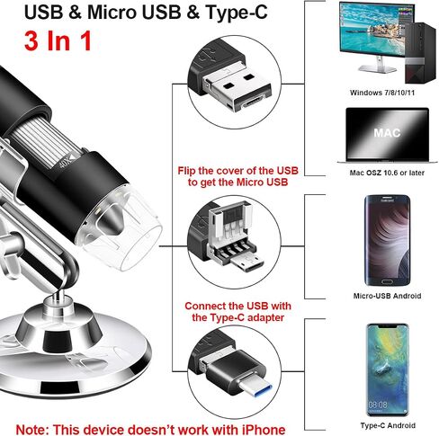 كاميرا مجهر USB مع حامل وحقيبة حمل، مجهر كايندا الرقمي متوافق مع نظام التشغيل Android Windows Linux Mac، كاميرا مكبرة محمولة للأطفال والطلاب والكبار (ليست لأجهزة iPhone/iPad) in Kuwait