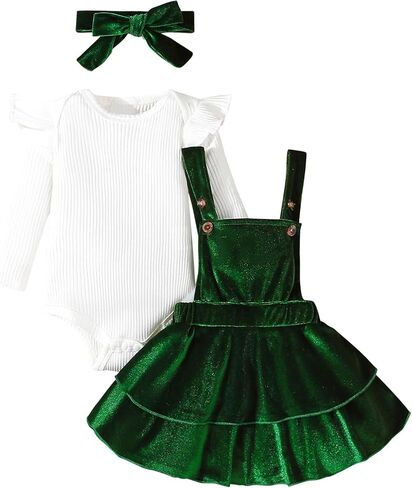 SEAUR Newborn Baby Girl Outfits Long Sleeve Ribbed Romper Corduroy Suspender Skirt Overall 3 Piece Christmas Set for Baby in Saudi Arabia